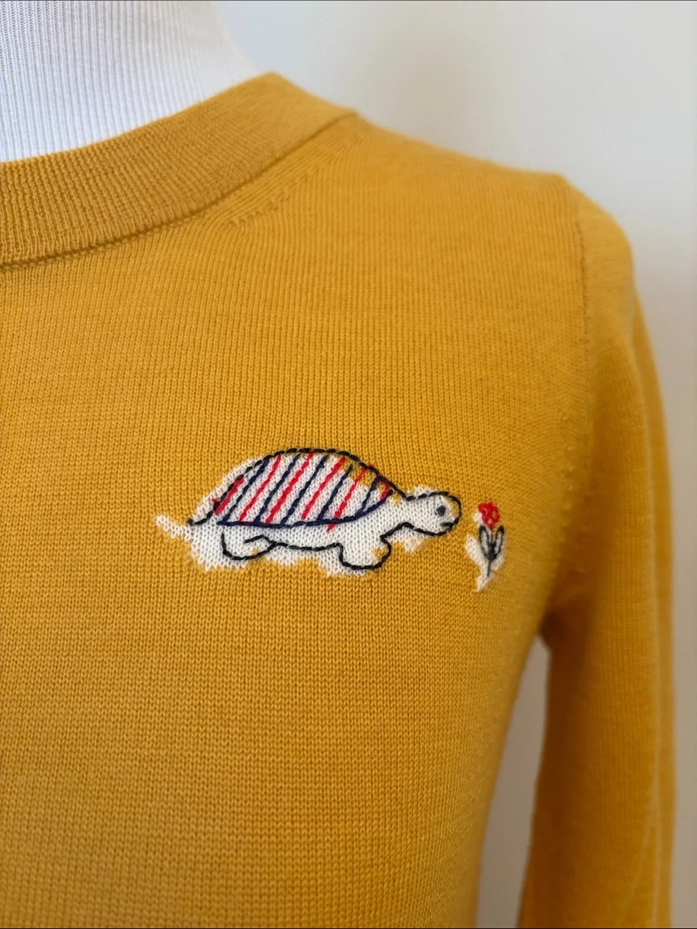J. Crew Mustard Crewneck Merino Wool Sweater with Turtle Embroidery